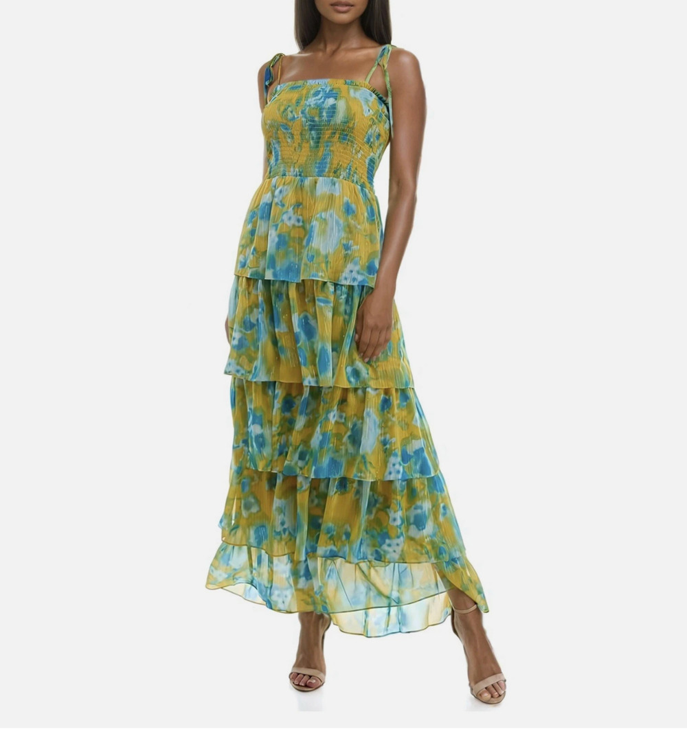 Socialite Maxi Sundress Tie Shoulder Vacation Glitter Yellow Blue Y2K Size S